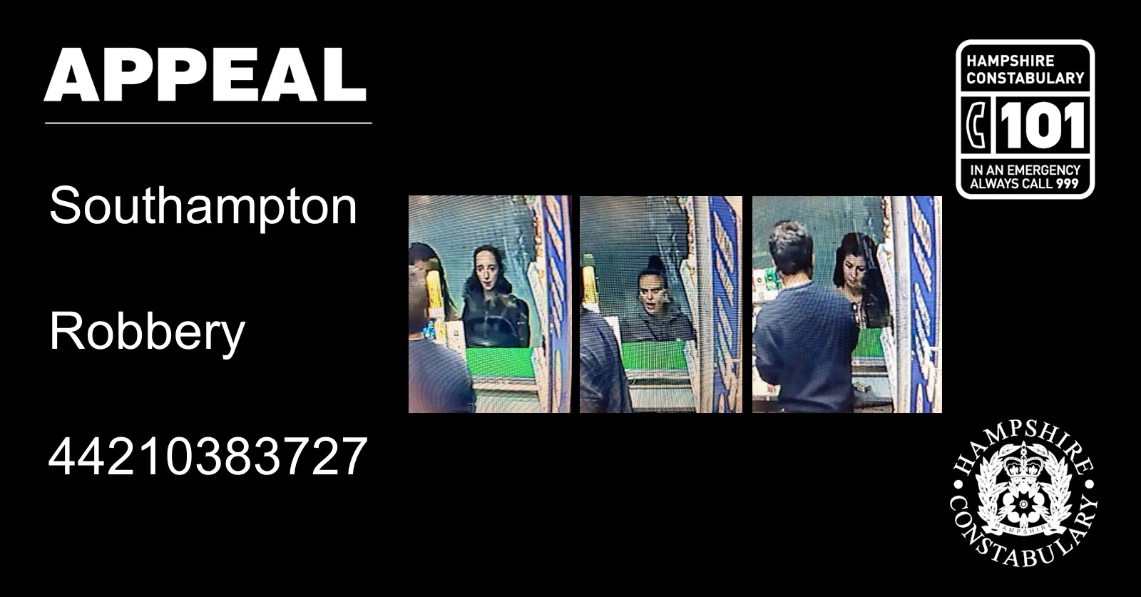 Appeal for help in identifying three people on CCTV in connection to a robbery in Hoglands Park, Southampton