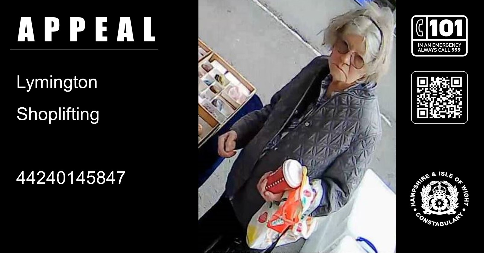We would like to speak to this woman in connection with a shoplifting from a market stall on High Street, Lymington