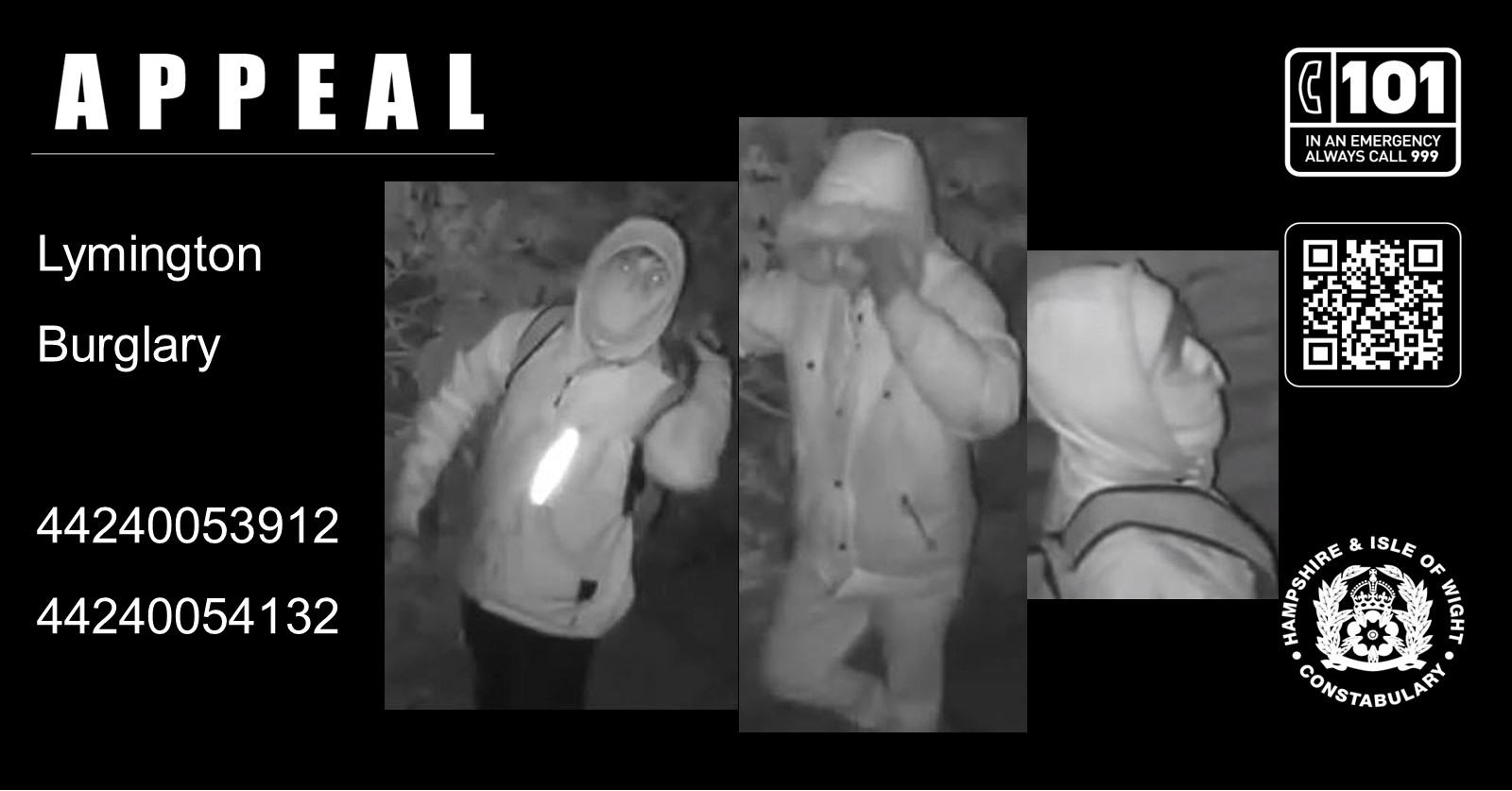 We would like to speak to these people in connection with two burglaries in Avenue Road, Lymington last Monday evening (5 February).