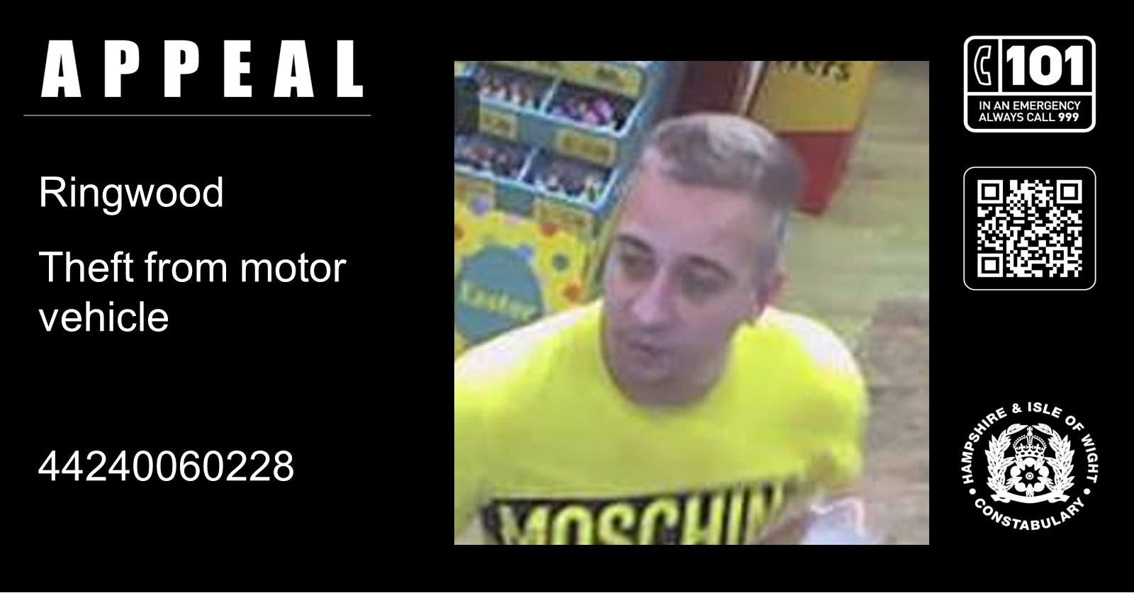 We would like to speak to this man in connection with a theft from motor vehicle in Addison Square, Ringwood.