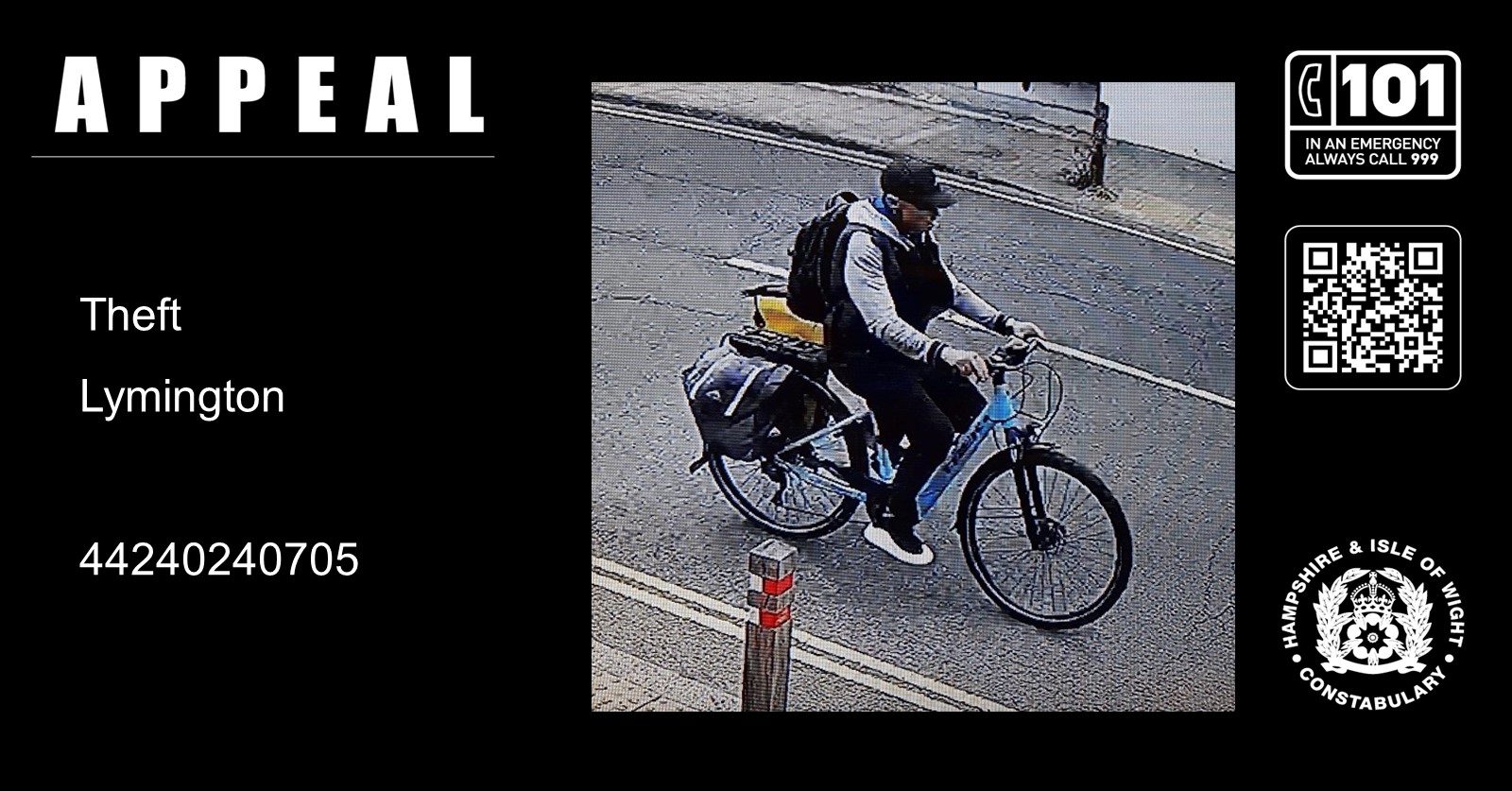 CCTV image of suspect in e-bike theft on Lymington High Street