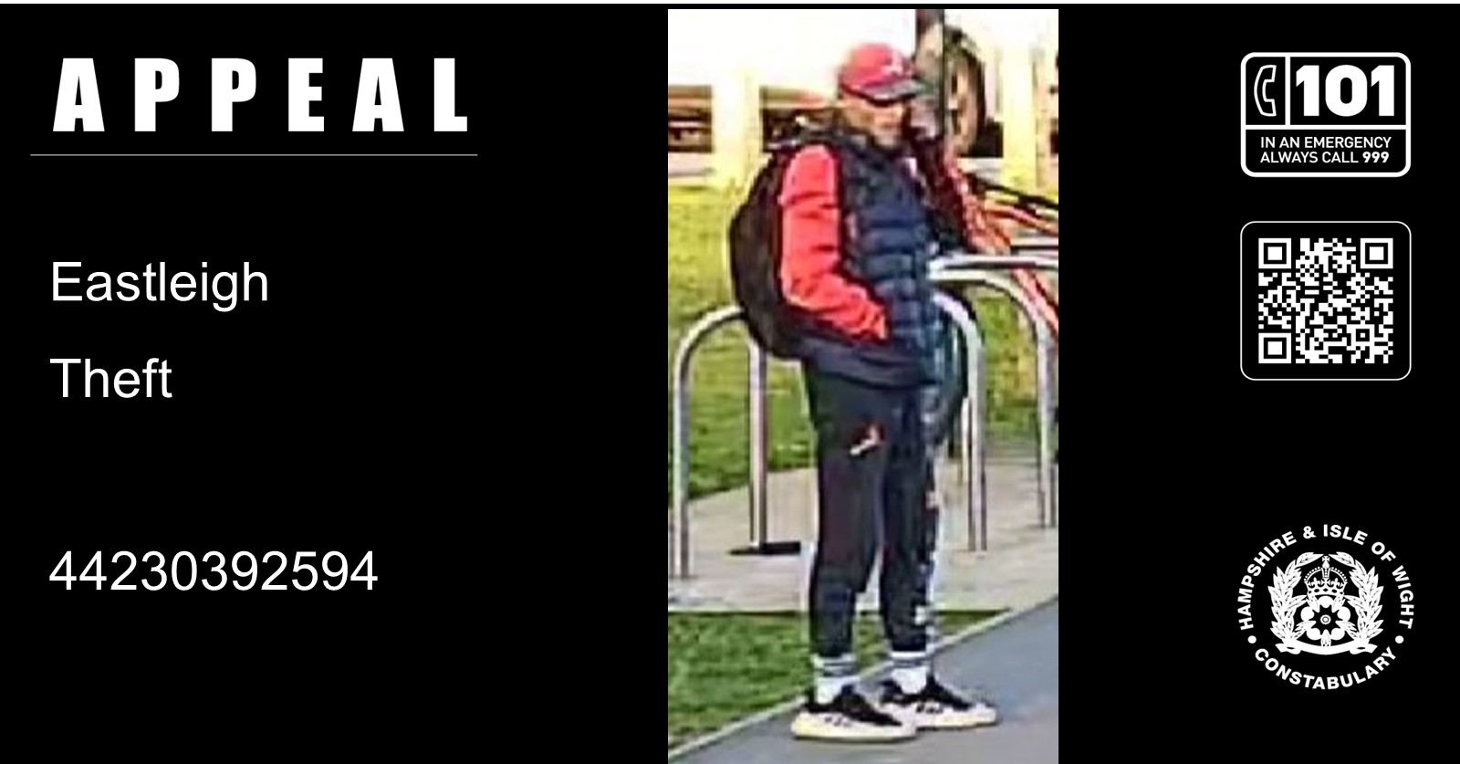 We would like to speak to this man in connection with a theft, reported to have taken place outside Places Leisure Eastleigh, Passfield Avenue.