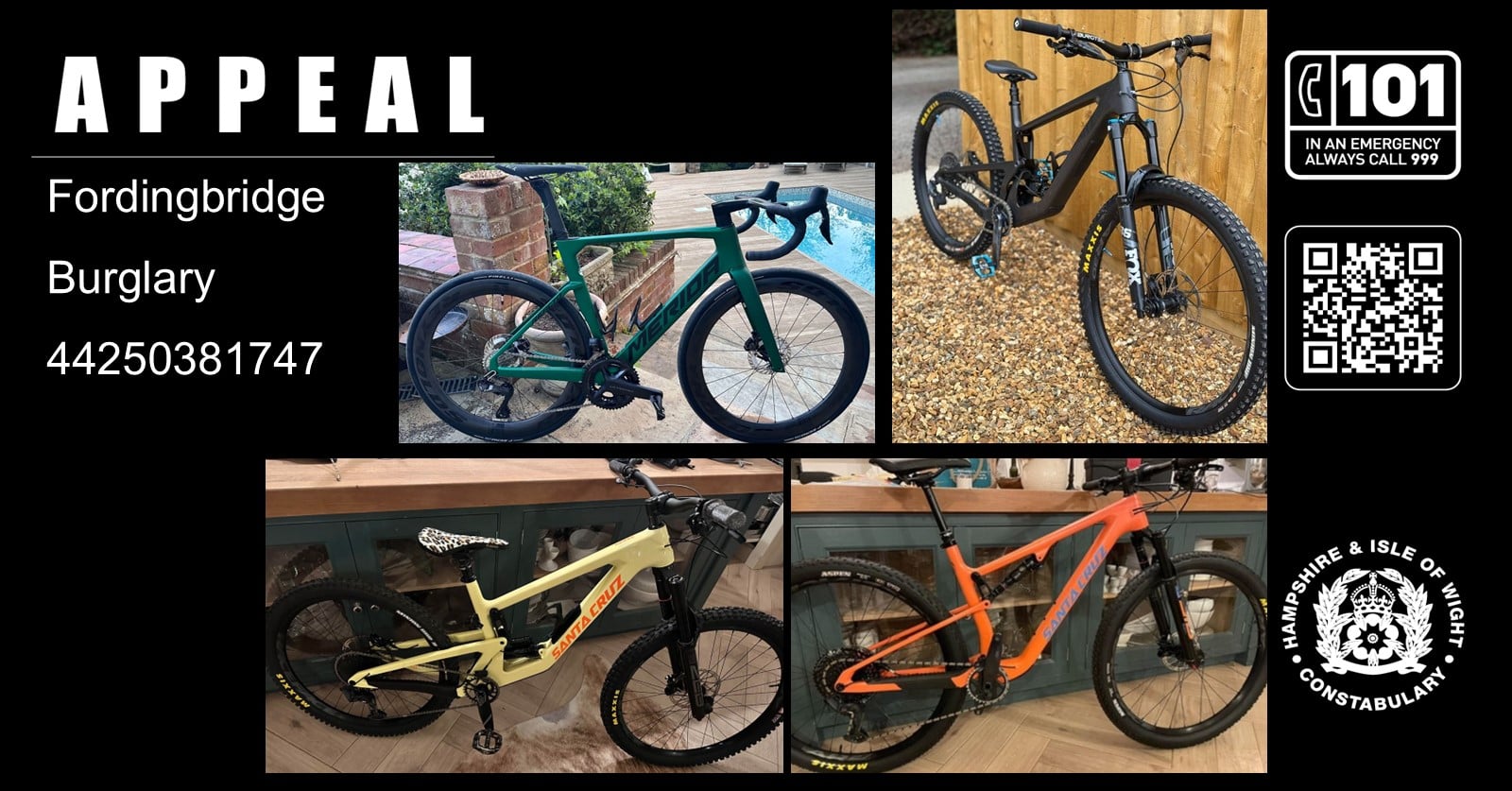 During the incident, which occurred between 11pm on Friday 22 August and 8am on Saturday 23 August, entry was forced to a garage and four bicycles stolen from within