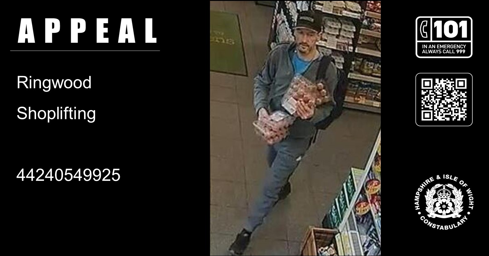We would like to speak to this man in connection with a reported shoplifting from Budgens, Salisbury Road, Ringwood.