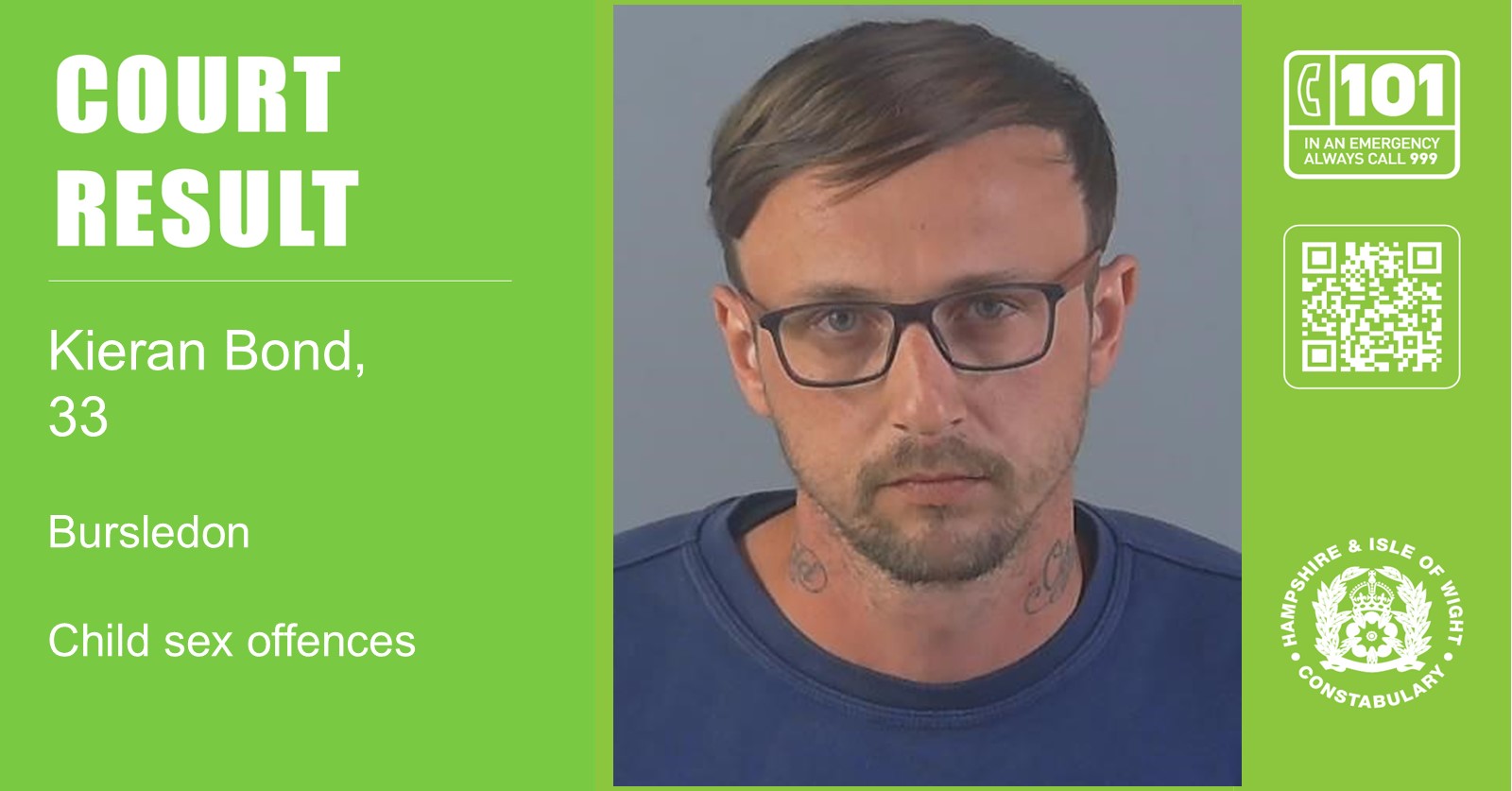  Man, 33, sentenced to six life sentences for child sex offences in Eastleigh A 33-year-old man from Bursledon has been sentenced to six life sentences, with a minimum term of 16 years, for four counts of rape of a boy aged under 13, and two counts of rape of a girl aged under 13. Kieran Bond, of Oak Road, who was found guilty following a trial at Southampton Crown Court in July, was sentenced at the same court on Monday (29 September). The offences took place between 2018 and 2021. As well as the time Bond will now serve in prison, he has also been made subject to the sex offenders register and restraining orders. Detective Sergeant Heather Tack, of the Child Abuse Investigation Team, said  “I’d like to place on record my praise and admiration for the very young victims in this case and the courage and determination they have shown throughout, supported by their family members. “While I know this result won’t rid the victims and their family members of the memories of what Bond did, I truly hope it allows them to move forward, safe in the knowledge that he is now being punished for his crimes and can no longer repeat his offending.” The victims in this case have been supported by the Child Abuse Team including the officer in charge DC Dawn Capper who work tirelessly to secure justice for these victims and safeguard other children. Directly addressing other victims of sex offences, Detective Sergeant Tack, said: “We encourage other victims to come forward and speak to us. We take allegations of this nature extremely seriously and work hard to bring offenders to justice. “This case should also be a very clear message to other offenders out there that we will always work tirelessly to ensure you are brought to justice for your crimes, no matter when they took place.” Anyone who has any concerns about child abuse should contact us on 101, or call Crimestoppers, anonymously, on 0800 555 111. Anyone who has experienced abuse in childhood, or is concerned about a child, can contact the NSPCC helpline, confidentially, on 0808 800 5000. Alternatively, you can email help@nspcc.org.uk. Children can contact Childline on 0800 1111. As a survivor of sexual abuse, you’re entitled to support, whether you report the crime or not. You can access different types of support depending on how you’re feeling and what you decide to do next. Please follow the below link for more information; Support after rape and sexual assault | Hampshire and Isle of Wight Constabulary -ENDS-
