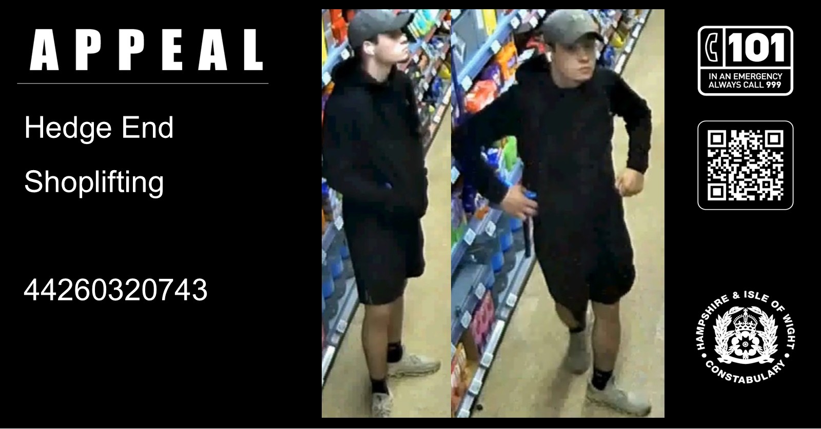 We would like to speak to this man in connection with two reported shopliftings from Co-op, Lower Northam Road, Hedge End