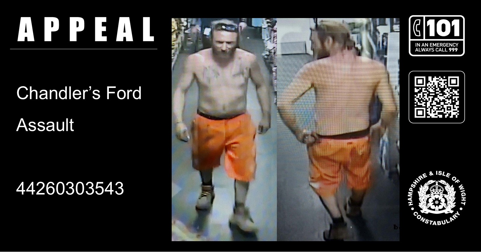 We would like to speak to this man in connection with a reported assault at Tesco Express, Ashdown Road, Chandler’s Ford