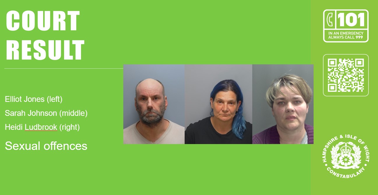 A court result graphic showing images of Elliot Jones, Sarah Johnson and Heidi Ludbrook