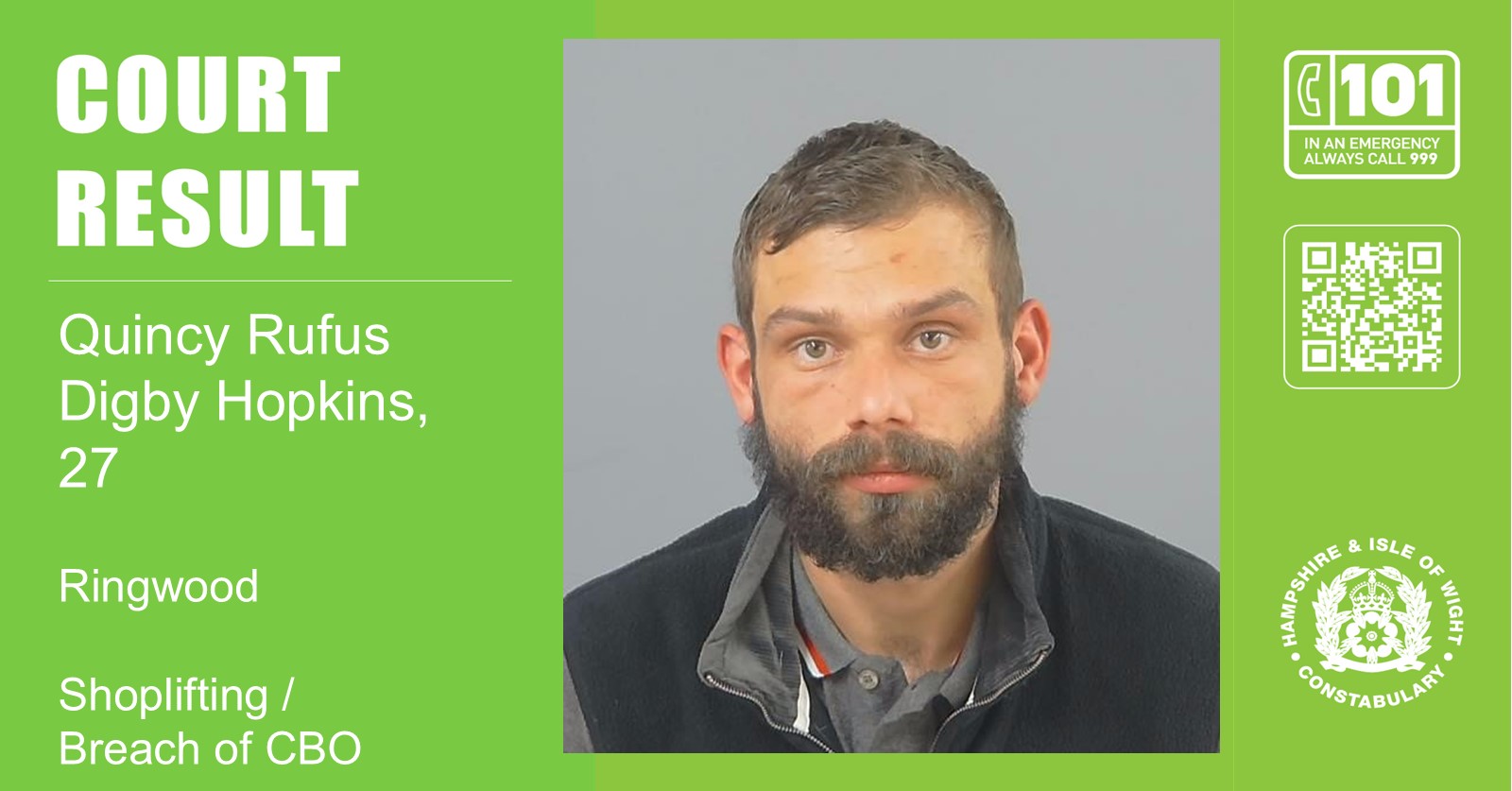 Quincy Rufus Digby Hopkins, of no fixed abode, was sentenced when he appeared at Poole Magistrates’ Court on Wednesday 28 January