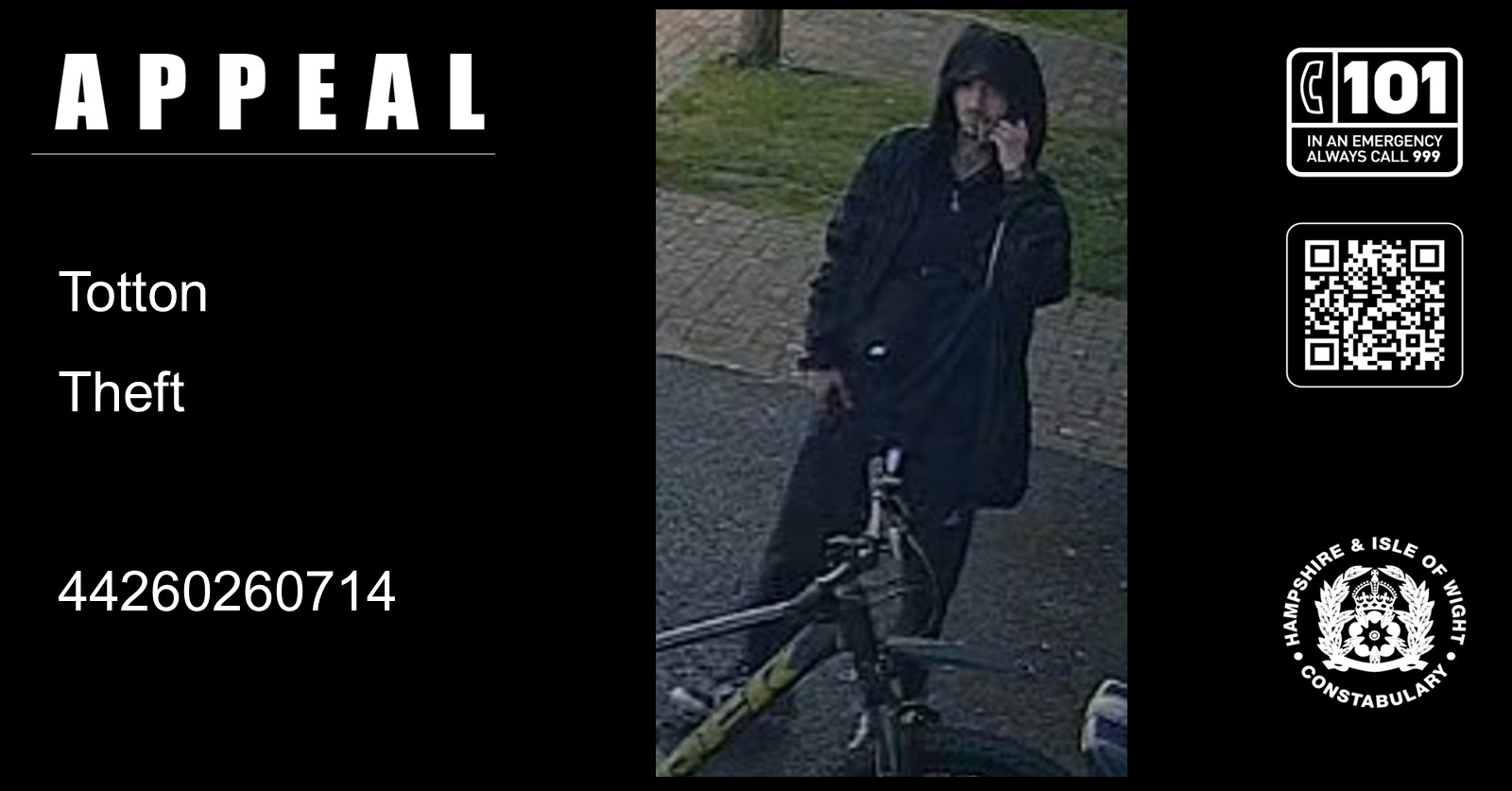 We would like to speak to this man in connection with a reported theft of a bicycle from outside Totton Health & Leisure Centre, Water Lane, Totton