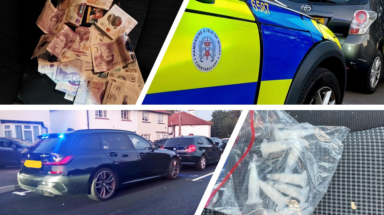 A collage of four images from the operation, showing seized cash, a marked police vehicle, an unmarked police vehicle and seized drugs