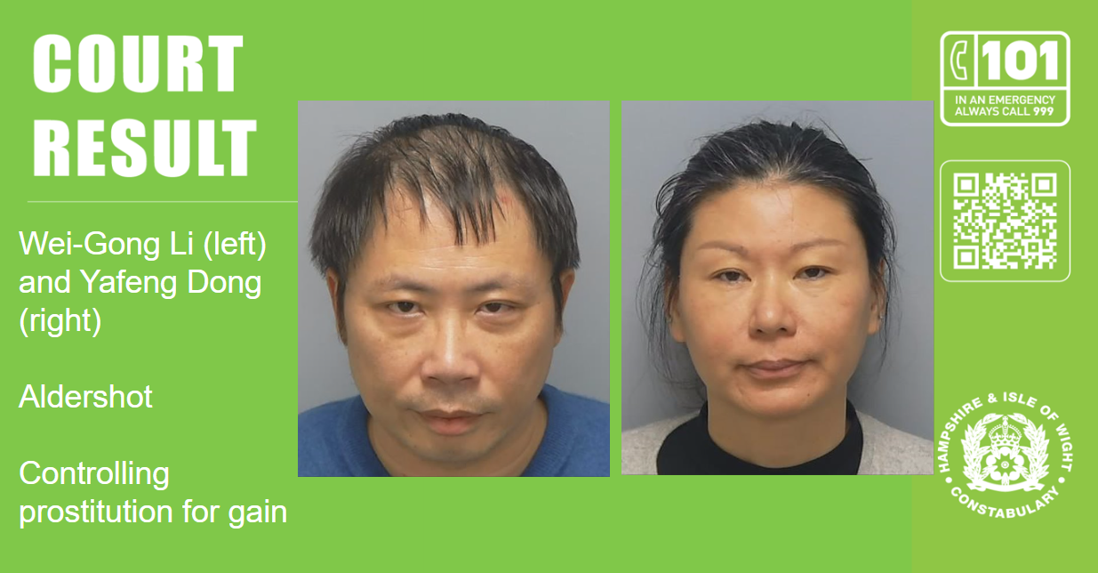 Husband and wife jailed for combined total of almost five years for running human trafficking and prostitution operation in Aldershot | Hampshire and Isle of Wight Constabulary