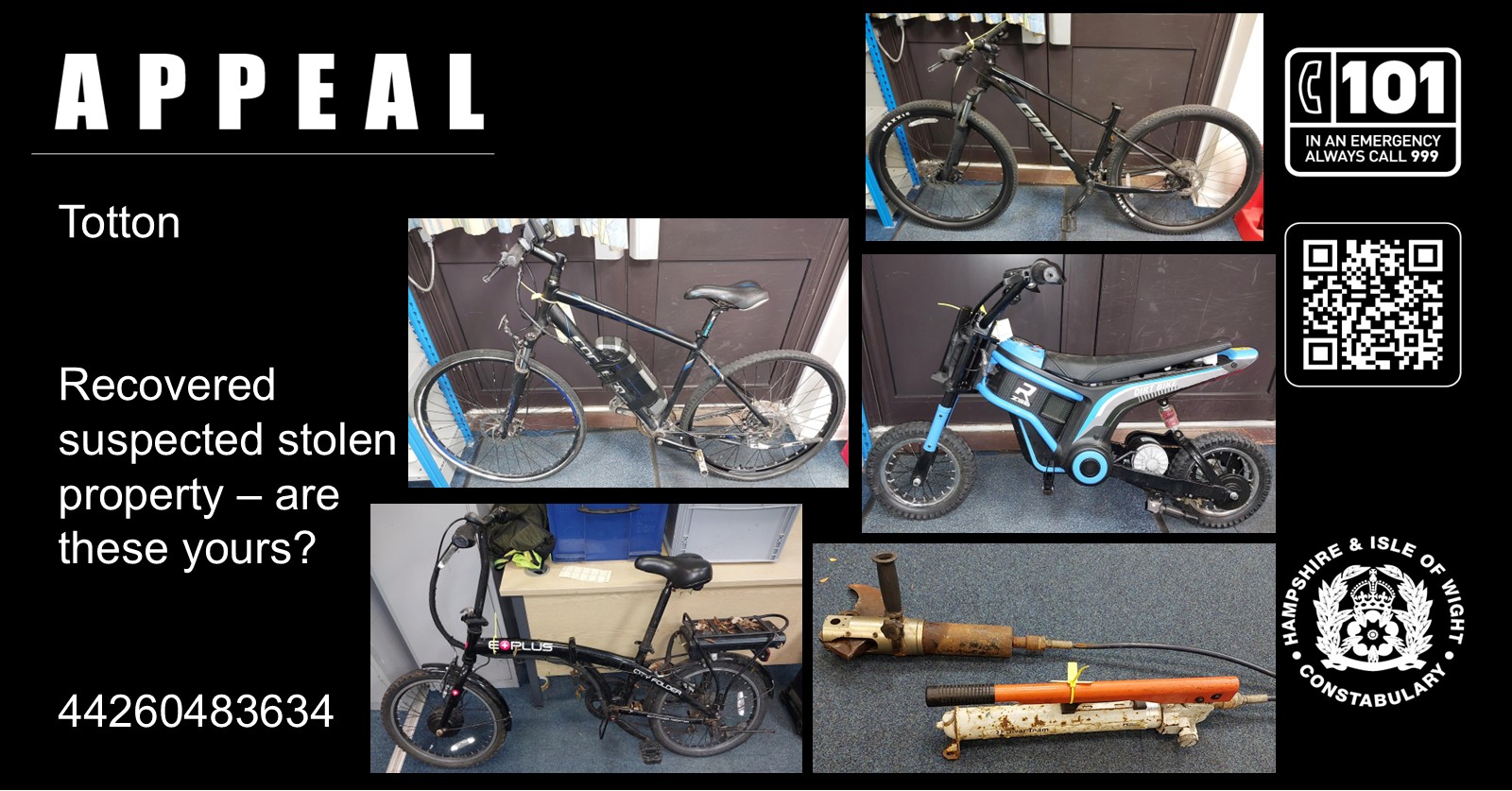 Do you recognise these bikes and hydraulic cutters? Are they yours? They were recovered from a property on Tennyson Road in Totton on Friday (2 October).
