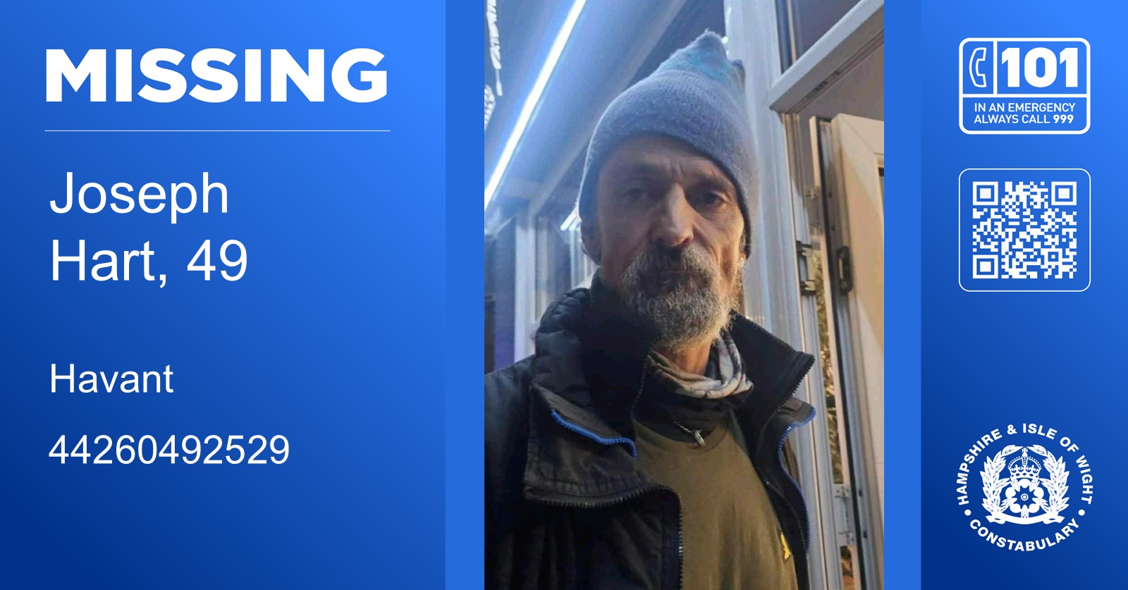 We are appealing for your help in finding missing man, Joseph Hart, 49, from Havant