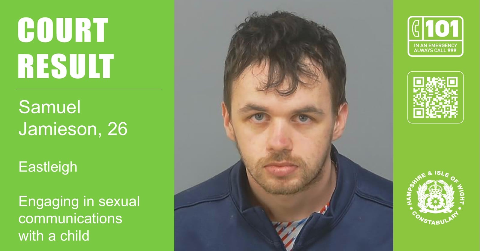 Samuel Jamieson, of Brook Drive, London was sentenced when he appeared at Southampton Crown Court