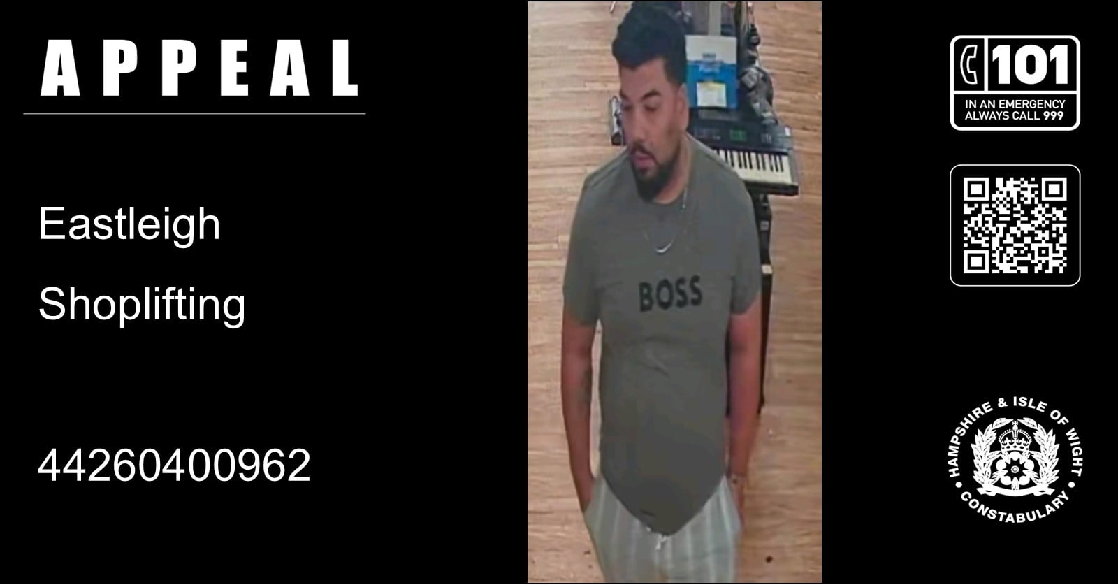 We would like to speak to this man in connection with a reported shoplifting from an Eastleigh store