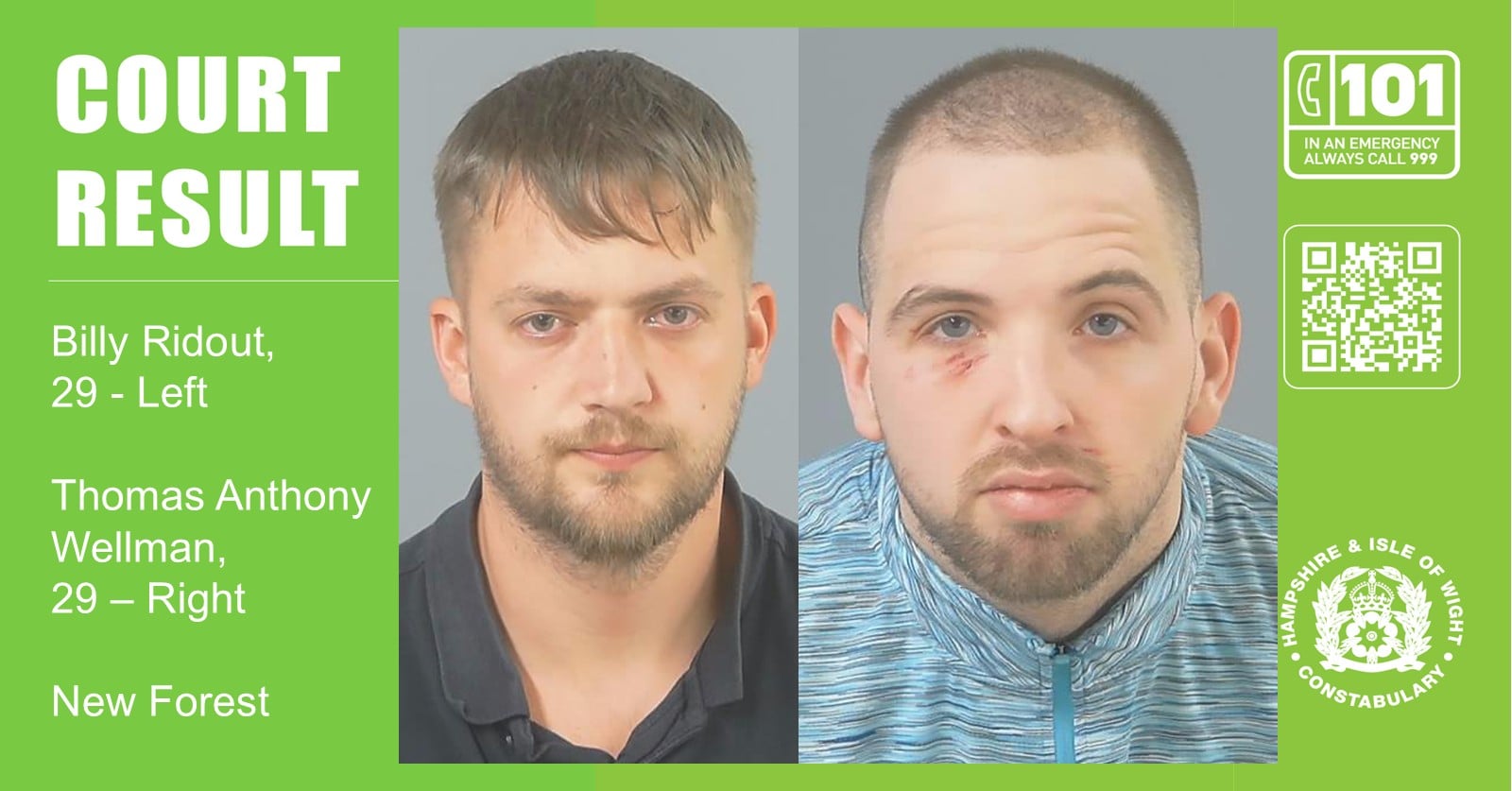 Billy Ridout, 29, of Hedley Close, Fawley and Thomas Anthony Wellman, 29, of Rushpole Court, Dibden were sentenced when they appeared at Southampton Crown Court on Friday 25 September