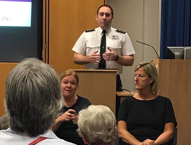 From left to right (those facing the camera), Mrs Kirsty Last who is demonstrating Lipspeaking with sign support, Detective Chief Inspector Gabe Snuggs, and Lesley Weatherson the Director of Lipspeaker UK