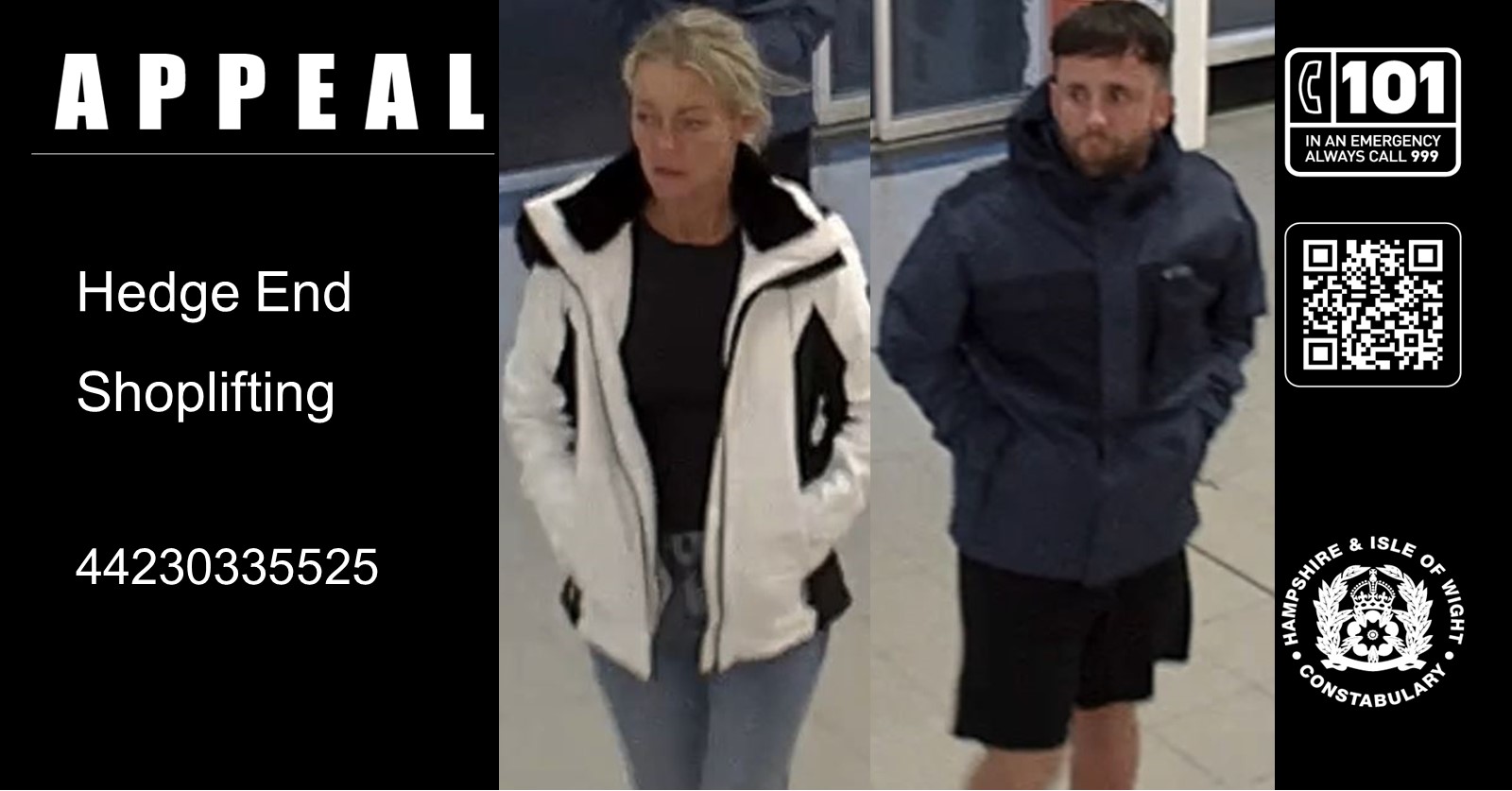 Do you recognise this man and woman? We would like to speak to them in connection with a shoplifting incident which took place in Sainsbury’s, Tollbar Way, Hedge End.