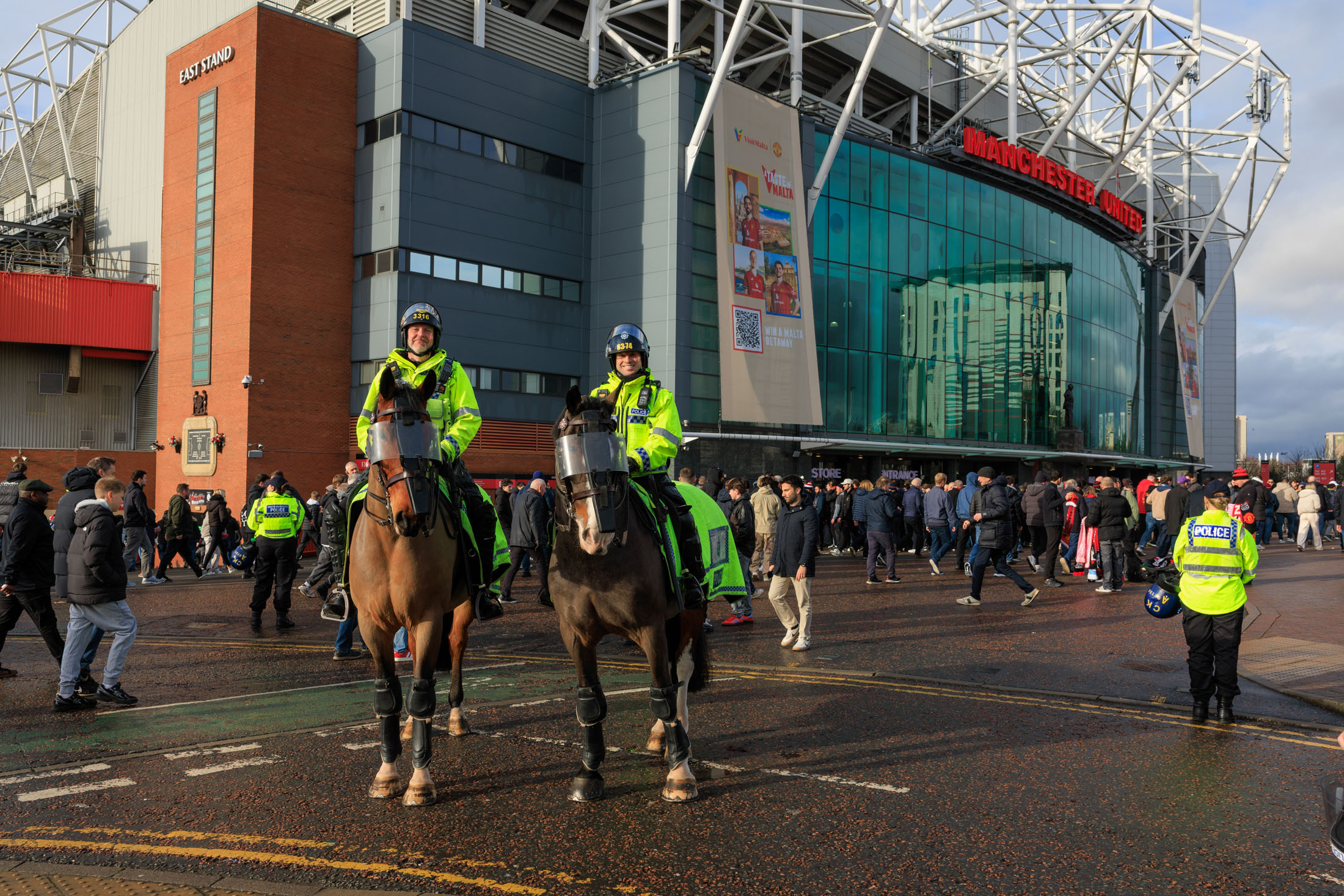 GMP horses outside the front of Old Trafford.